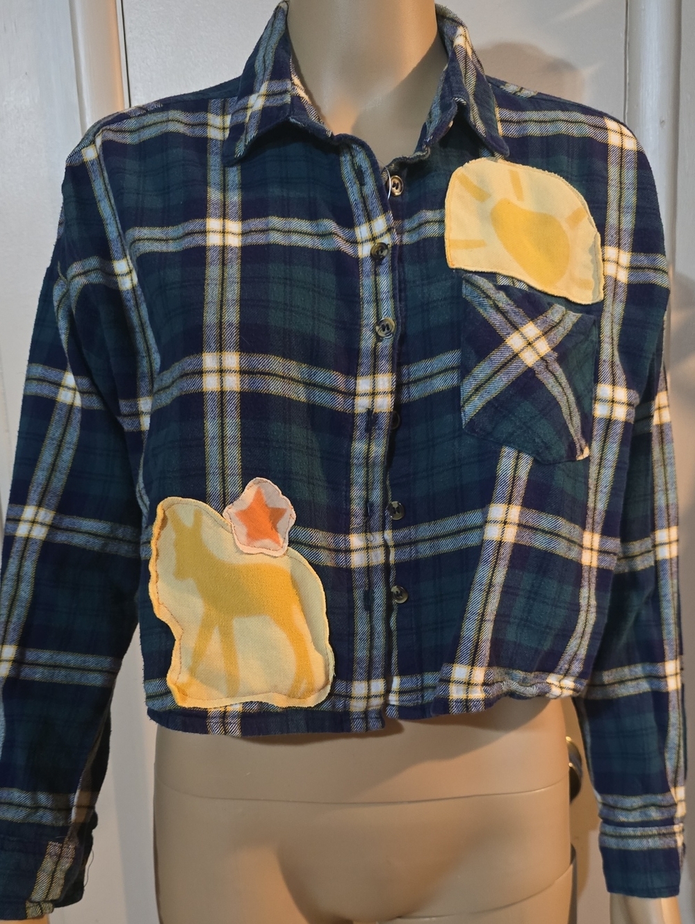 Plaid Cropped Flannel with Upcycled Patch Details
